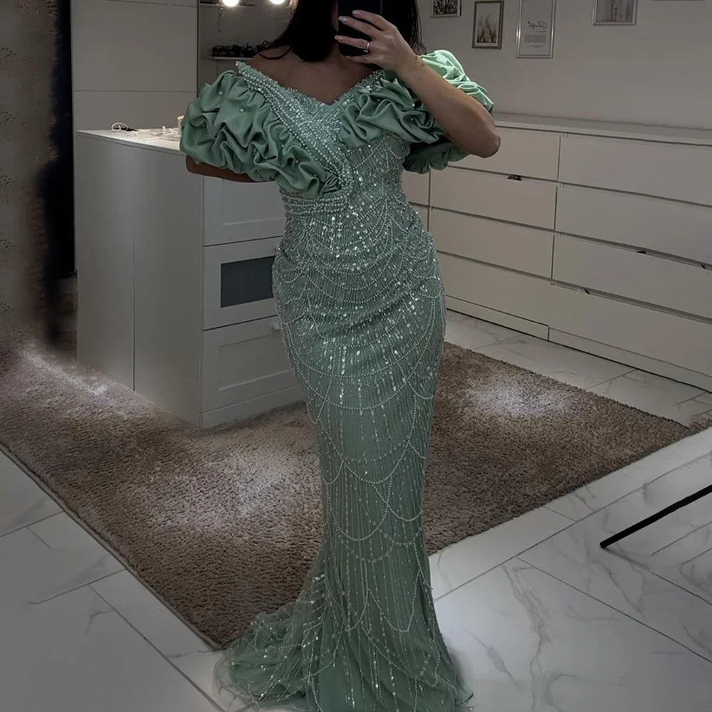 Luxury Dubai Luxury Dubai Off Shoulder Mermaid Sage Green Evening Dresses For Women Arabic Wedding Party Gown LA72281 - SERENE HILL