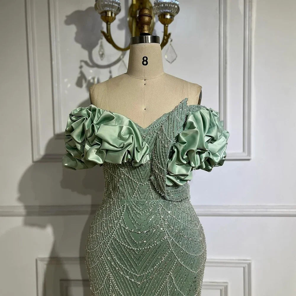 Luxury Dubai Luxury Dubai Off Shoulder Mermaid Sage Green Evening Dresses For Women Arabic Wedding Party Gown LA72281 - SERENE HILL