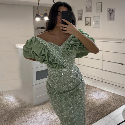 Luxury Dubai Luxury Dubai Off Shoulder Mermaid Sage Green Evening Dresses For Women Arabic Wedding Party Gown LA72281 - SERENE HILL