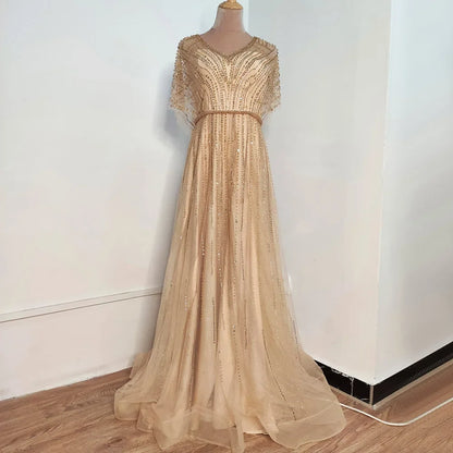 Serene Hill Luxury Dubai Red A-Line Elegant Evening Dresses Half Sleeves BeadedFor Woman Wedding Party 2025 LA70458 - SERENE HILL