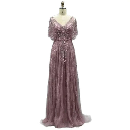Serene Hill Luxury Dubai Red A-Line Elegant Evening Dresses Half Sleeves BeadedFor Woman Wedding Party 2025 LA70458 - SERENE HILL