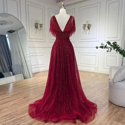 Serene Hill Luxury Dubai Red A-Line Elegant Evening Dresses Half Sleeves BeadedFor Woman Wedding Party 2025 LA70458 - SERENE HILL