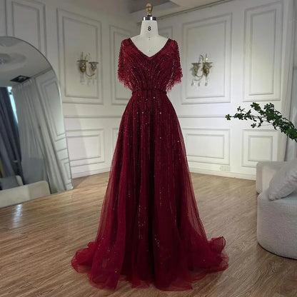 Serene Hill Luxury Dubai Red A-Line Elegant Evening Dresses Half Sleeves BeadedFor Woman Wedding Party 2025 LA70458 - SERENE HILL