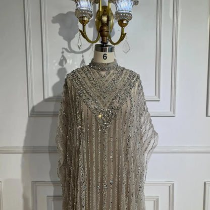 Dubai Luxury Silver Nude Cape Beaded Evening Dress LA72484 - SERENE HILL