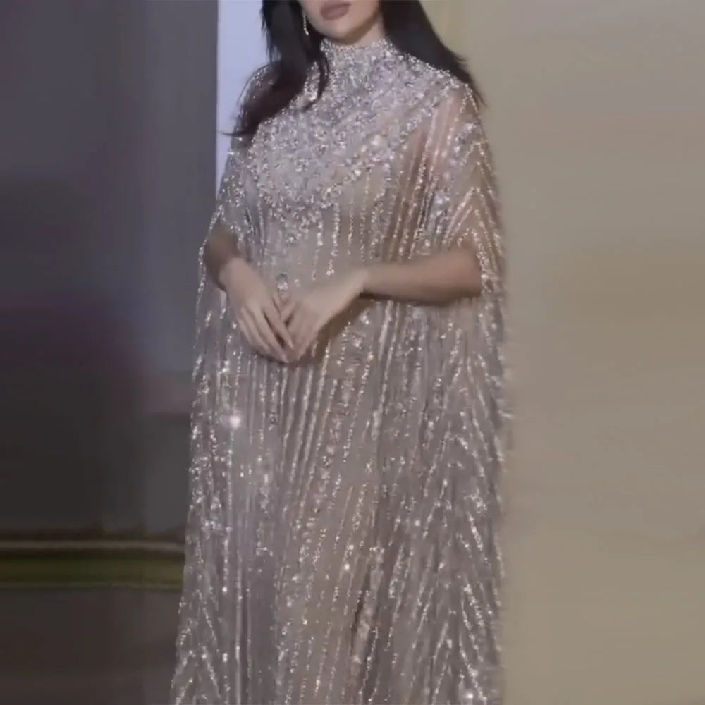 Dubai Luxury Silver Nude Cape Beaded Evening Dress LA72484 - SERENE HILL