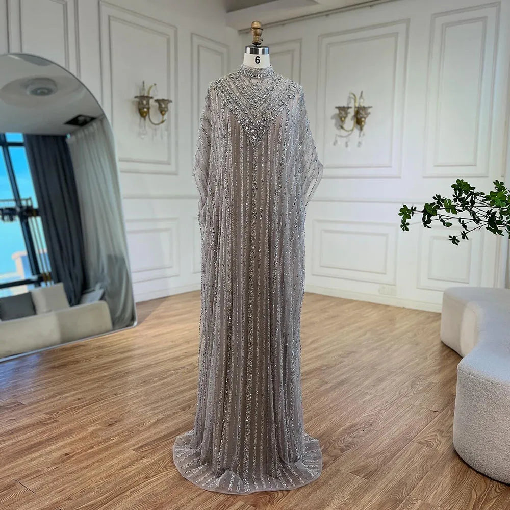 Dubai Luxury Silver Nude Cape Beaded Evening Dress LA72484 - SERENE HILL