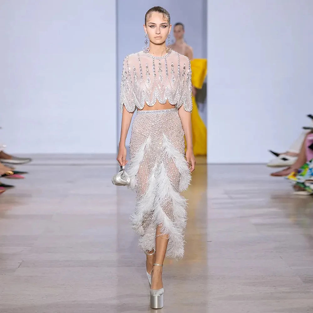 Luxury Dubai White Feathers Two Pieces Evening Dresses LA72098 - SERENE HILL