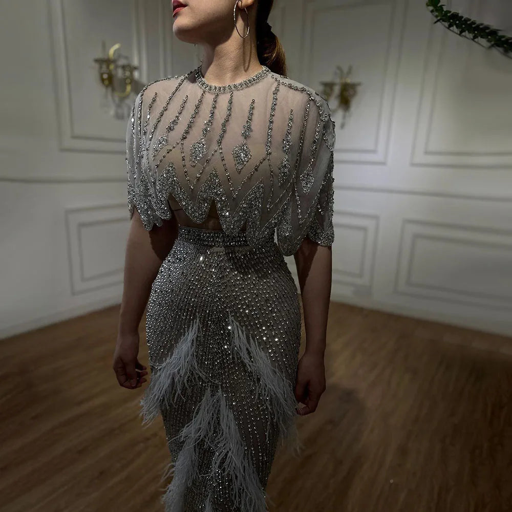 Luxury Dubai White Feathers Two Pieces Evening Dresses LA72098 - SERENE HILL