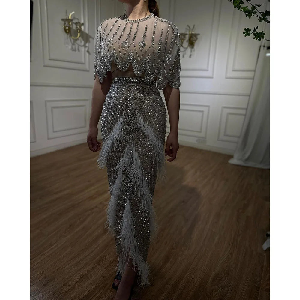 Luxury Dubai White Feathers Two Pieces Evening Dresses LA72098 - SERENE HILL