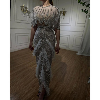 Luxury Dubai White Feathers Two Pieces Evening Dresses LA72098 - SERENE HILL