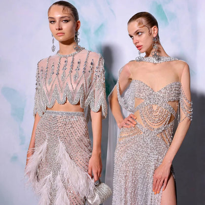 Luxury Dubai White Feathers Two Pieces Evening Dresses LA72098 - SERENE HILL