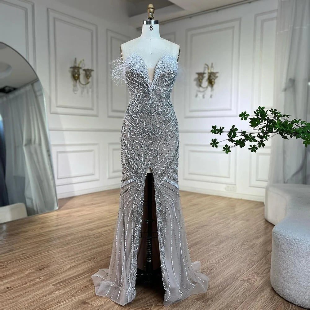 Serene Hill Luxury Dubai White Nude Split Mermaid Pearls Beaded Evening Dresses Gowns for Women Wedding Party LA72522 - SERENE HILL