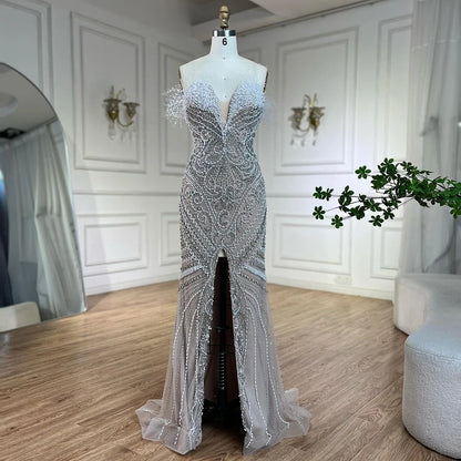 Serene Hill Luxury Dubai White Nude Split Mermaid Pearls Beaded Evening Dresses Gowns for Women Wedding Party LA72522 - SERENE HILL