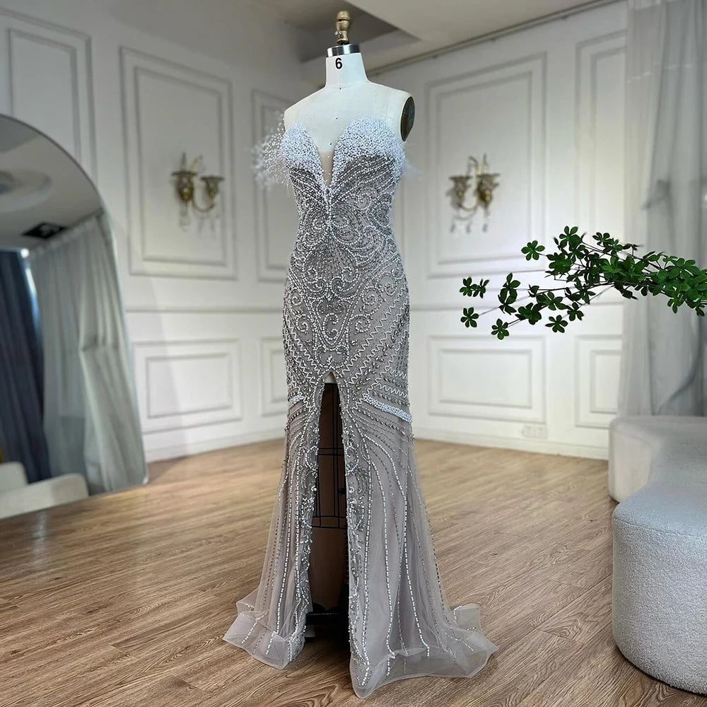 Serene Hill Luxury Dubai White Nude Split Mermaid Pearls Beaded Evening Dresses Gowns for Women Wedding Party LA72522 - SERENE HILL