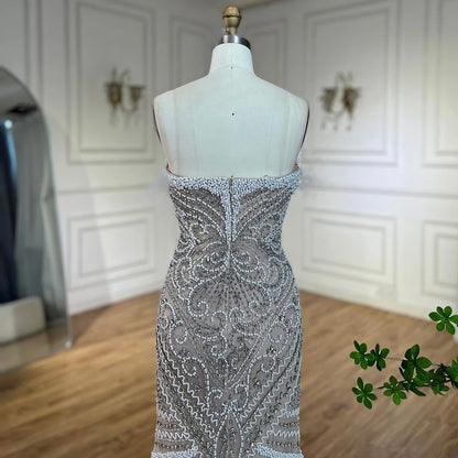 Serene Hill Luxury Dubai White Nude Split Mermaid Pearls Beaded Evening Dresses Gowns for Women Wedding Party LA72522 - SERENE HILL