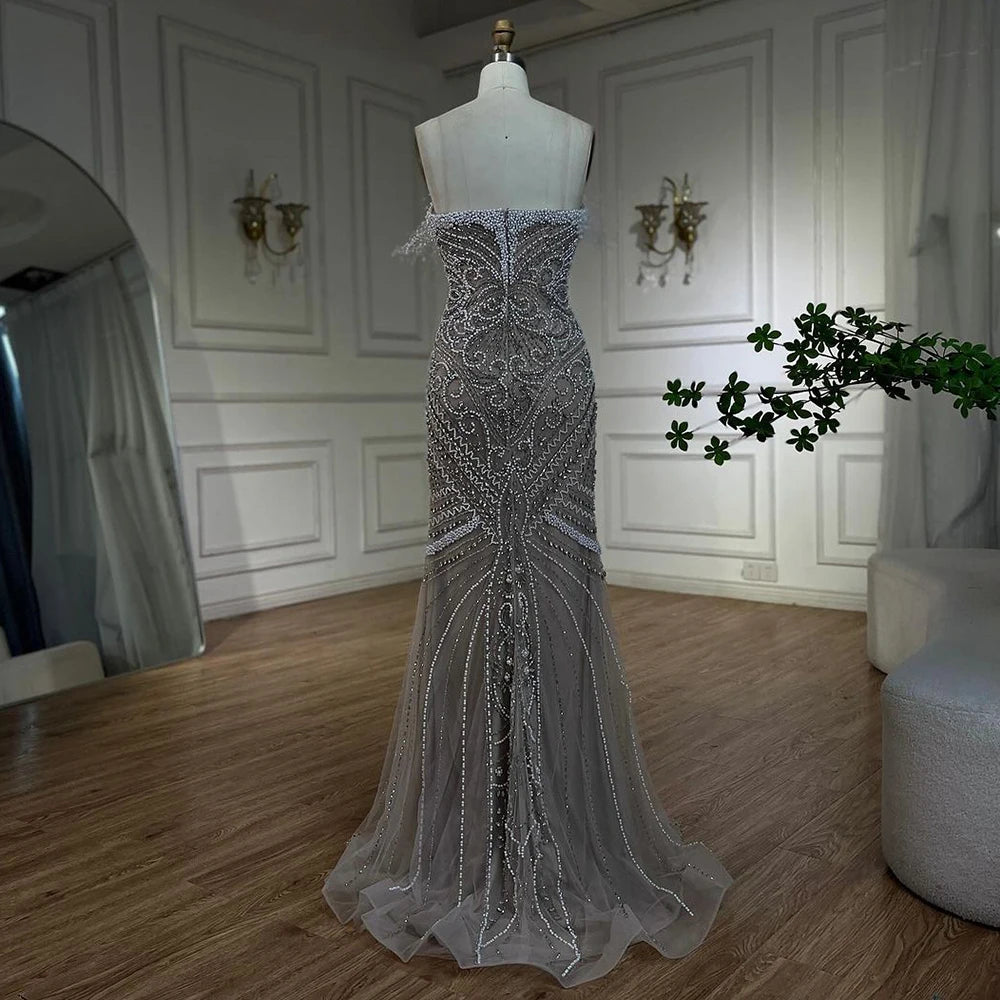 Serene Hill Luxury Dubai White Nude Split Mermaid Pearls Beaded Evening Dresses Gowns for Women Wedding Party LA72522 - SERENE HILL