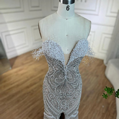 Serene Hill Luxury Dubai White Nude Split Mermaid Pearls Beaded Evening Dresses Gowns for Women Wedding Party LA72522 - SERENE HILL
