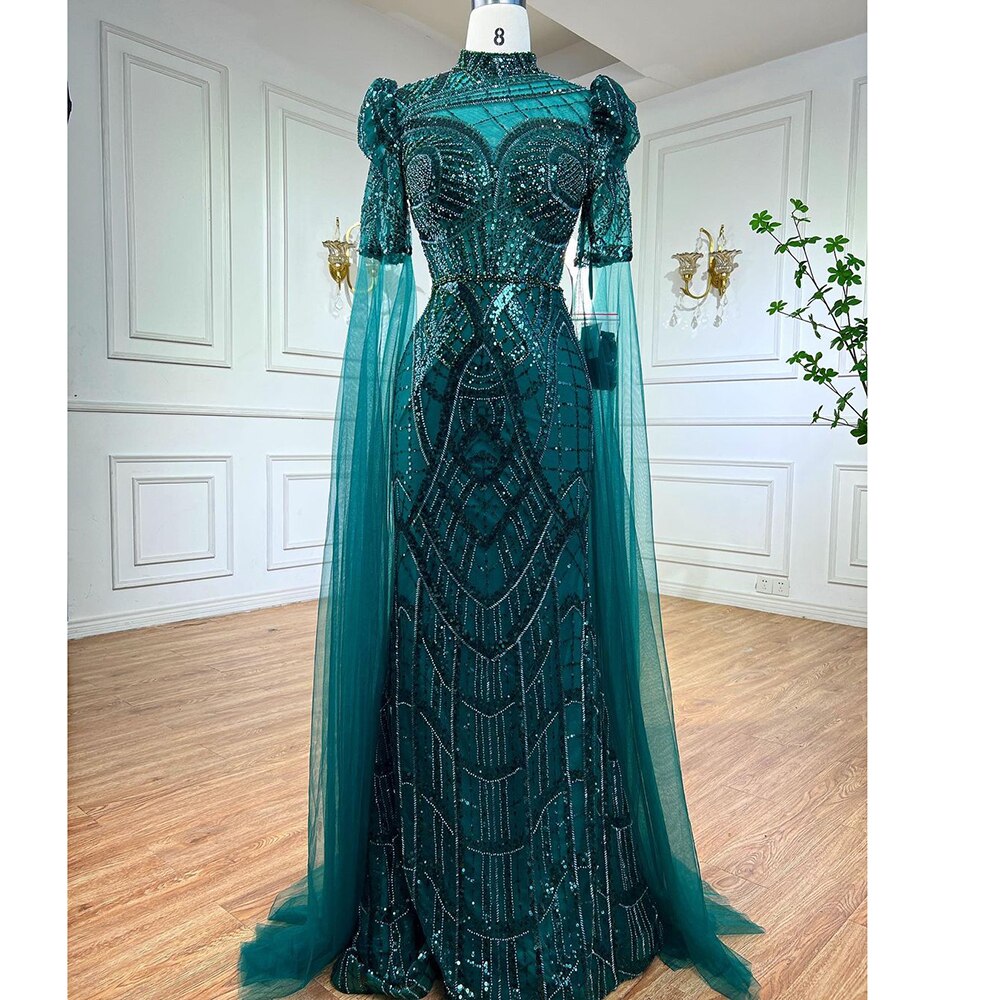 Serene Hill Luxury Emerald Green Evening Dresses with Cape Sleeves 2025 Elegant Women Wedding Party Gowns LA72077 - SERENE HILL