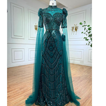 Serene Hill Luxury Emerald Green Evening Dresses with Cape Sleeves 2025 Elegant Women Wedding Party Gowns LA72077 - SERENE HILL