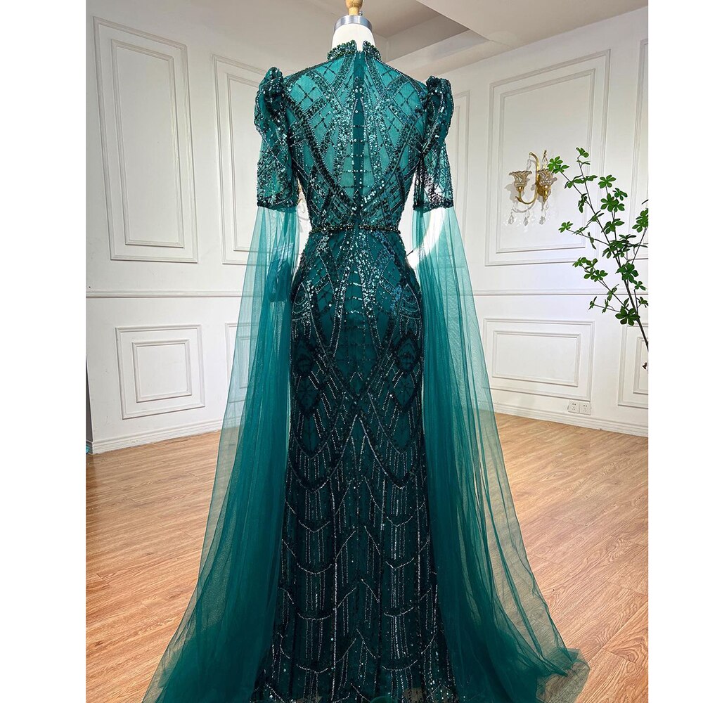 Serene Hill Luxury Emerald Green Evening Dresses with Cape Sleeves 2025 Elegant Women Wedding Party Gowns LA72077 - SERENE HILL
