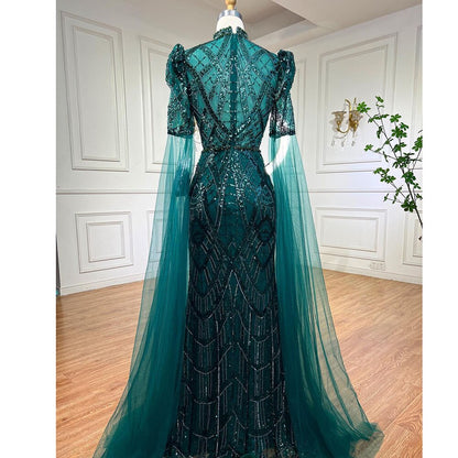 Serene Hill Luxury Emerald Green Evening Dresses with Cape Sleeves 2025 Elegant Women Wedding Party Gowns LA72077 - SERENE HILL