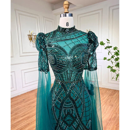 Serene Hill Luxury Emerald Green Evening Dresses with Cape Sleeves 2025 Elegant Women Wedding Party Gowns LA72077 - SERENE HILL