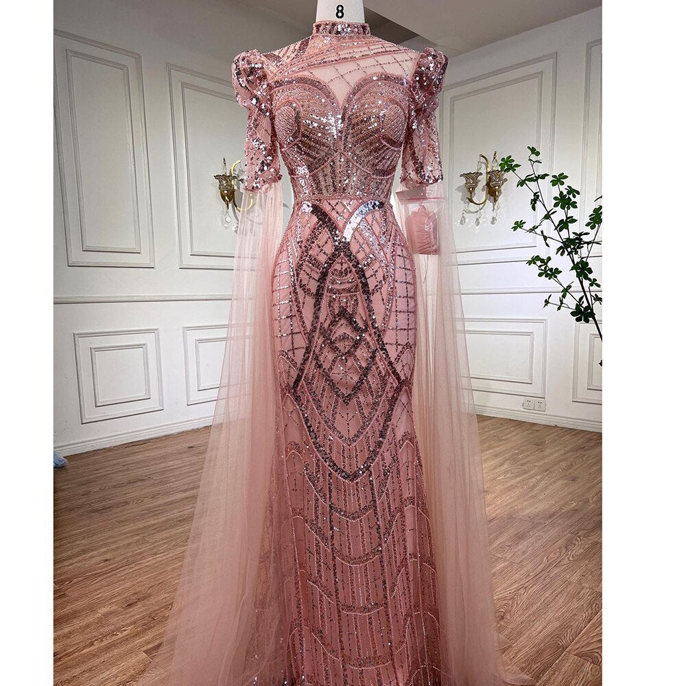 Serene Hill Luxury Emerald Green Evening Dresses with Cape Sleeves 2025 Elegant Women Wedding Party Gowns LA72077 - SERENE HILL