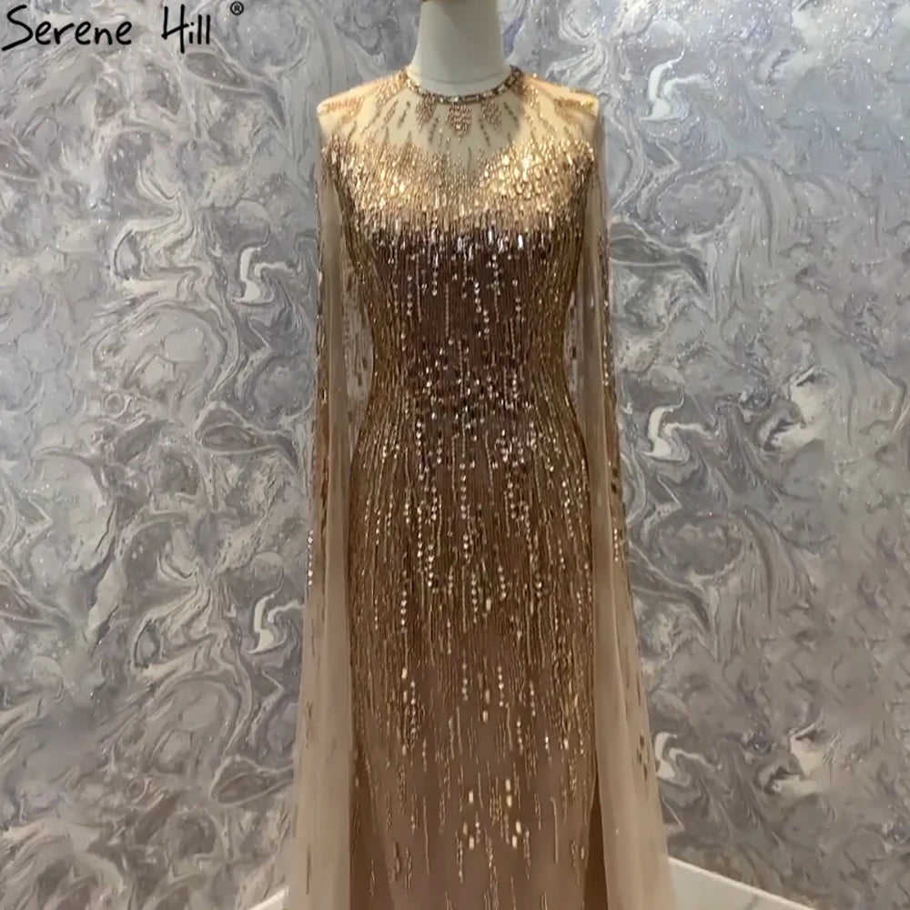 Serene Hill Luxury Gold Cape Sleeves Evening Dresses Gowns 2025 A-Line Beaded For Woman Wedding Party LA71416 - SERENE HILL