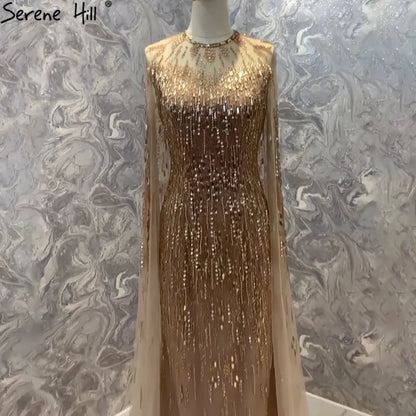 Serene Hill Luxury Gold Cape Sleeves Evening Dresses Gowns 2025 A-Line Beaded For Woman Wedding Party LA71416 - SERENE HILL