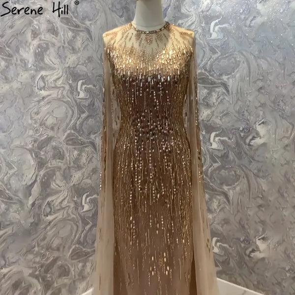 Serene Hill Luxury Gold Cape Sleeves Evening Dresses Gowns 2025 A-Line Beaded For Woman Wedding Party LA71416