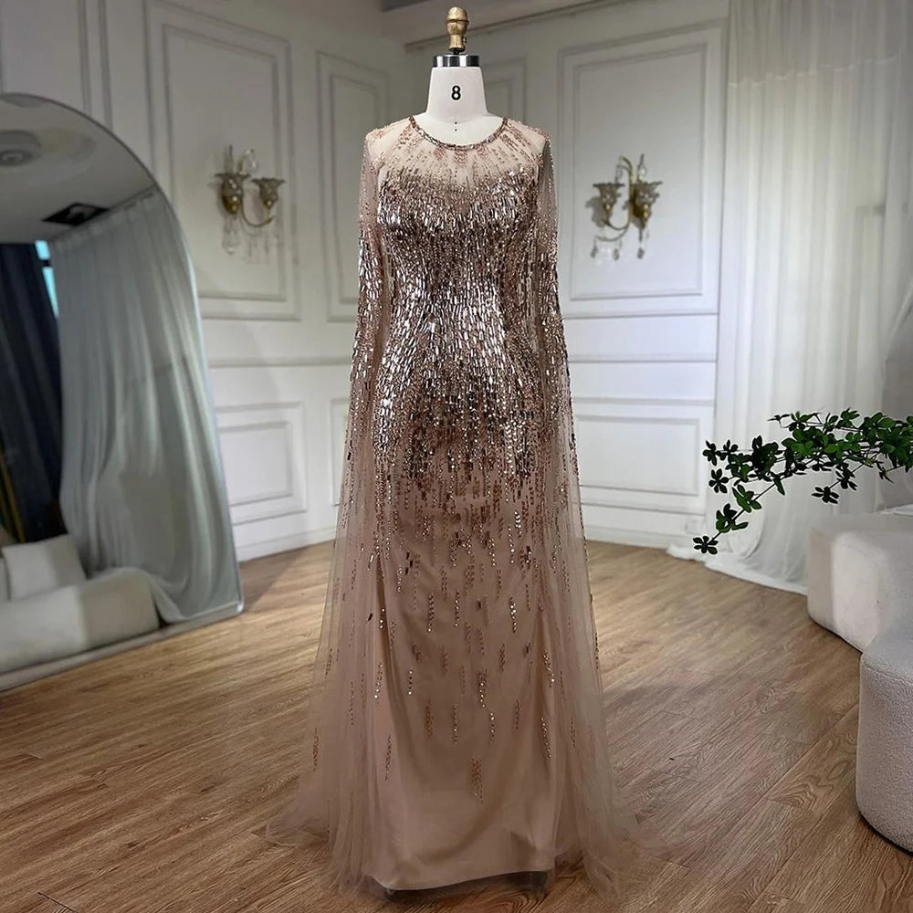 Serene Hill Luxury Gold Cape Sleeves Evening Dresses Gowns 2025 A-Line Beaded For Woman Wedding Party LA71416 - SERENE HILL