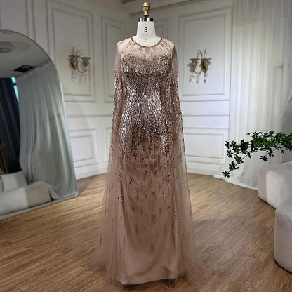 Serene Hill Luxury Gold Cape Sleeves Evening Dresses Gowns 2025 A-Line Beaded For Woman Wedding Party LA71416 - SERENE HILL