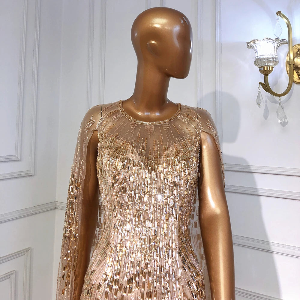 Serene Hill Luxury Gold Cape Sleeves Evening Dresses Gowns 2025 A-Line Beaded For Woman Wedding Party LA71416 - SERENE HILL
