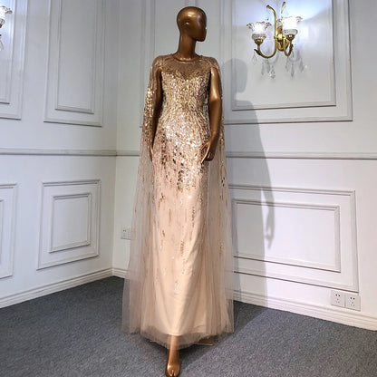 Serene Hill Luxury Gold Cape Sleeves Evening Dresses Gowns 2025 A-Line Beaded For Woman Wedding Party LA71416 - SERENE HILL