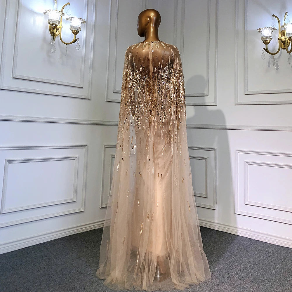 Serene Hill Luxury Gold Cape Sleeves Evening Dresses Gowns 2025 A-Line Beaded For Woman Wedding Party LA71416 - SERENE HILL