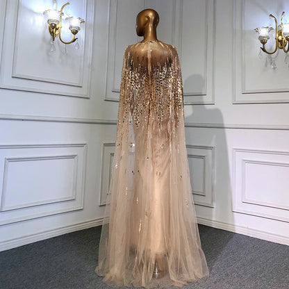 Serene Hill Luxury Gold Cape Sleeves Evening Dresses Gowns 2025 A-Line Beaded For Woman Wedding Party LA71416 - SERENE HILL
