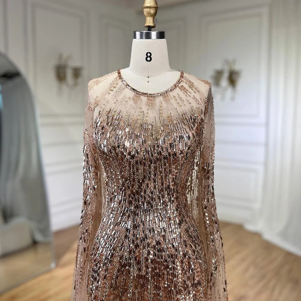 Serene Hill Luxury Gold Cape Sleeves Evening Dresses Gowns 2025 A-Line Beaded For Woman Wedding Party LA71416 - SERENE HILL