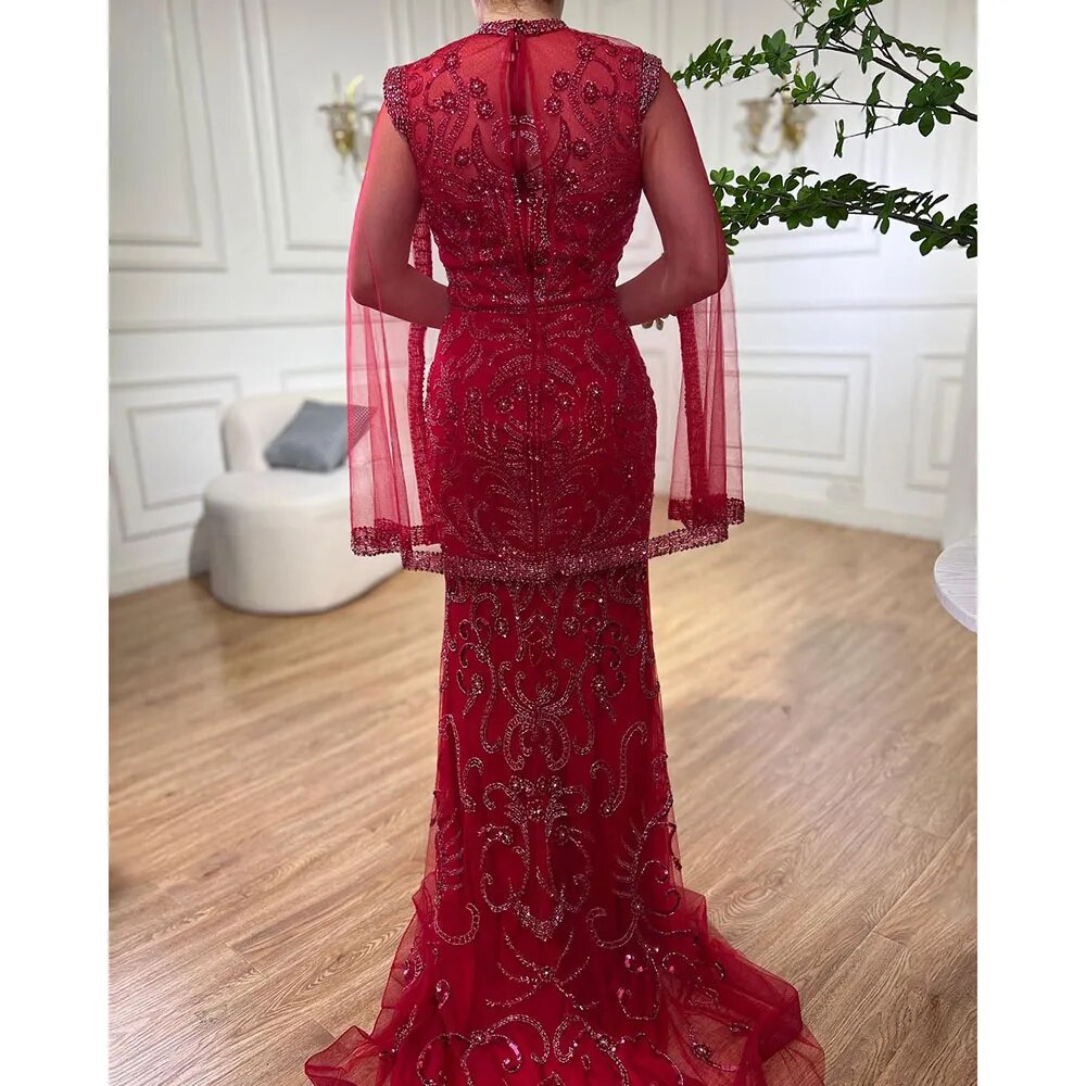 Serene Hill Luxury Grey Nude With Cape Mermaid Luxury Evening Dresses Gowns 2025 Beaded Elegant Sexy For Woman Party LA71027 - SERENE HILL