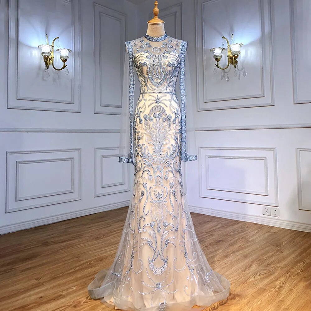 Serene Hill Luxury Grey Nude With Cape Mermaid Luxury Evening Dresses Gowns 2025 Beaded Elegant Sexy For Woman Party LA71027 - SERENE HILL