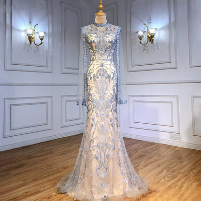 Serene Hill Luxury Grey Nude With Cape Mermaid Luxury Evening Dresses Gowns 2025 Beaded Elegant Sexy For Woman Party LA71027 - SERENE HILL