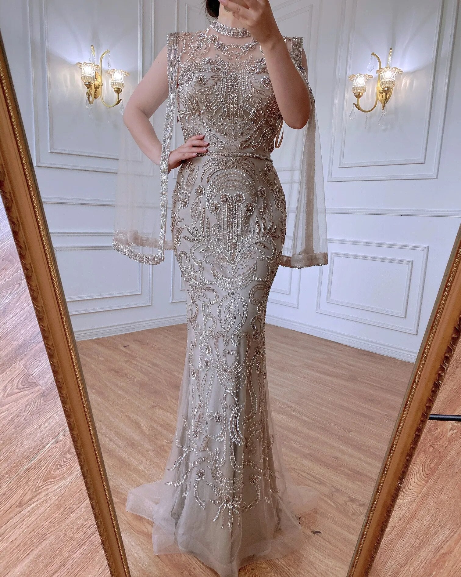 Serene Hill Luxury Grey Nude With Cape Mermaid Luxury Evening Dresses Gowns 2025 Beaded Elegant Sexy For Woman Party LA71027 - SERENE HILL