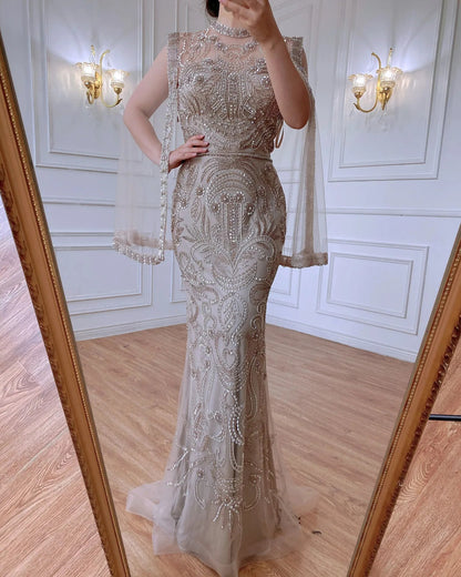 Serene Hill Luxury Grey Nude With Cape Mermaid Luxury Evening Dresses Gowns 2025 Beaded Elegant Sexy For Woman Party LA71027 - SERENE HILL