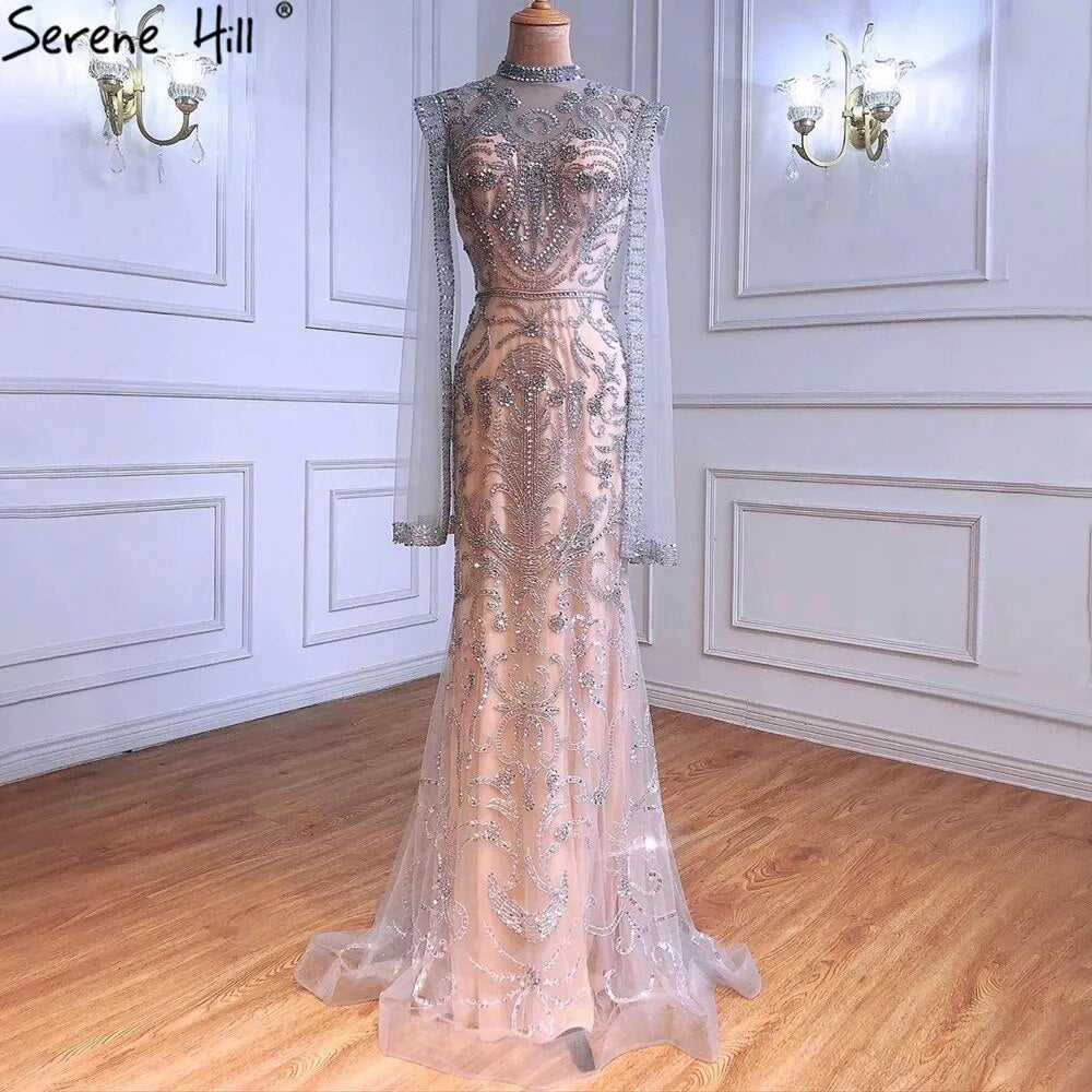 Serene Hill Luxury Grey Nude With Cape Mermaid Luxury Evening Dresses Gowns 2025 Beaded Elegant Sexy For Woman Party LA71027 - SERENE HILL