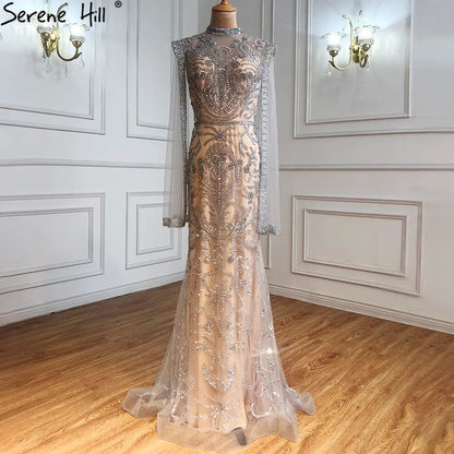 Serene Hill Luxury Grey Nude With Cape Mermaid Luxury Evening Dresses Gowns 2025 Beaded Elegant Sexy For Woman Party LA71027 - SERENE HILL