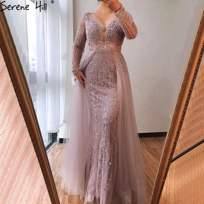 Serene Hill Luxury Muslim Pink With Train Mermaid Elegant Evening Dresses Gowns For Woman Party LA70433 - SERENE HILL