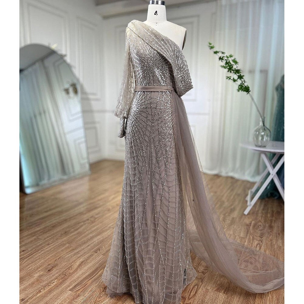 Serene Hill Mermaid Caramel One Shoulder Overskirt Beaded Luxury Evening Dresses Gowns 2025 For Women Wedding Party LA72128 - SERENE HILL