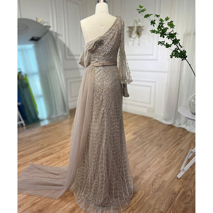 Serene Hill Mermaid Caramel One Shoulder Overskirt Beaded Luxury Evening Dresses Gowns 2025 For Women Wedding Party LA72128 - SERENE HILL