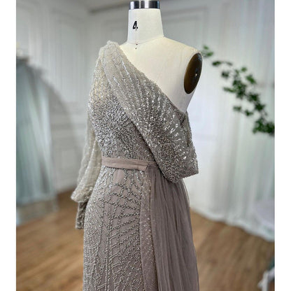 Serene Hill Mermaid Caramel One Shoulder Overskirt Beaded Luxury Evening Dresses Gowns 2025 For Women Wedding Party LA72128 - SERENE HILL