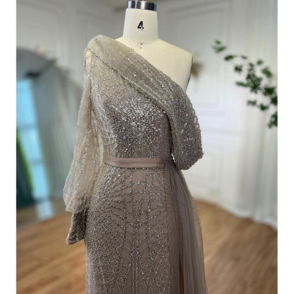 Serene Hill Mermaid Caramel One Shoulder Overskirt Beaded Luxury Evening Dresses Gowns 2025 For Women Wedding Party LA72128 - SERENE HILL