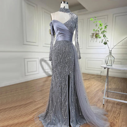 Serene Hill Mermaid Elegant High Split Beaded Blue Evening Dresses For Women Wedding Party 2025 Arabic Prom Formal Gowns LA71856 - SERENE HILL